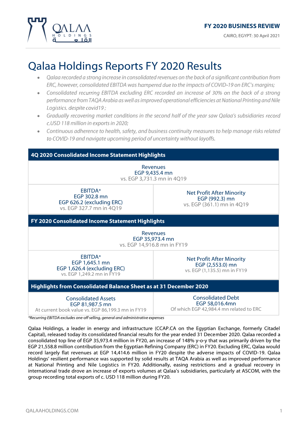 Qalaa Holdings Reports FY 2020 Results •