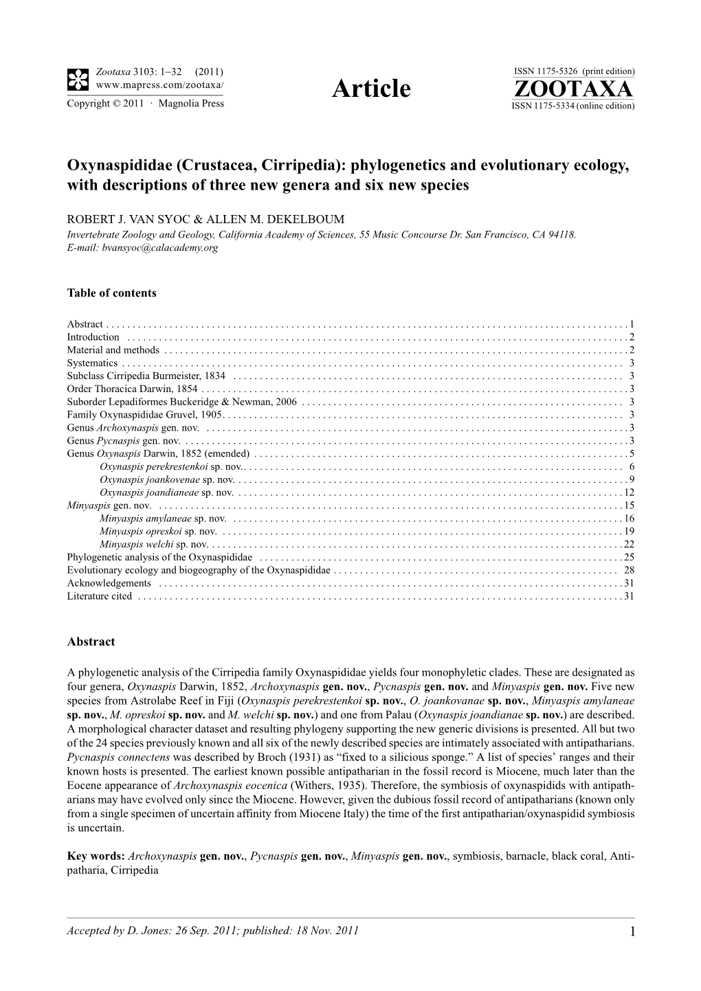 Oxynaspididae (Crustacea, Cirripedia): Phylogenetics and Evolutionary Ecology, with Descriptions of Three New Genera and Six New Species