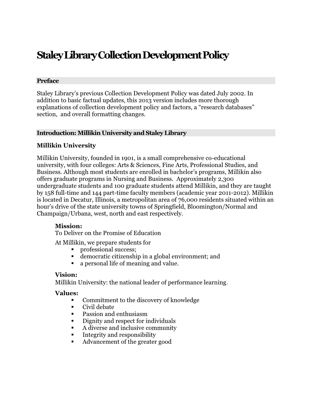 Staley Library Collection Development Policy