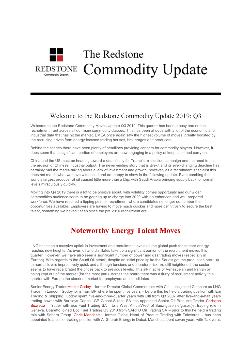 Redstone Commodity Update Q3 2019