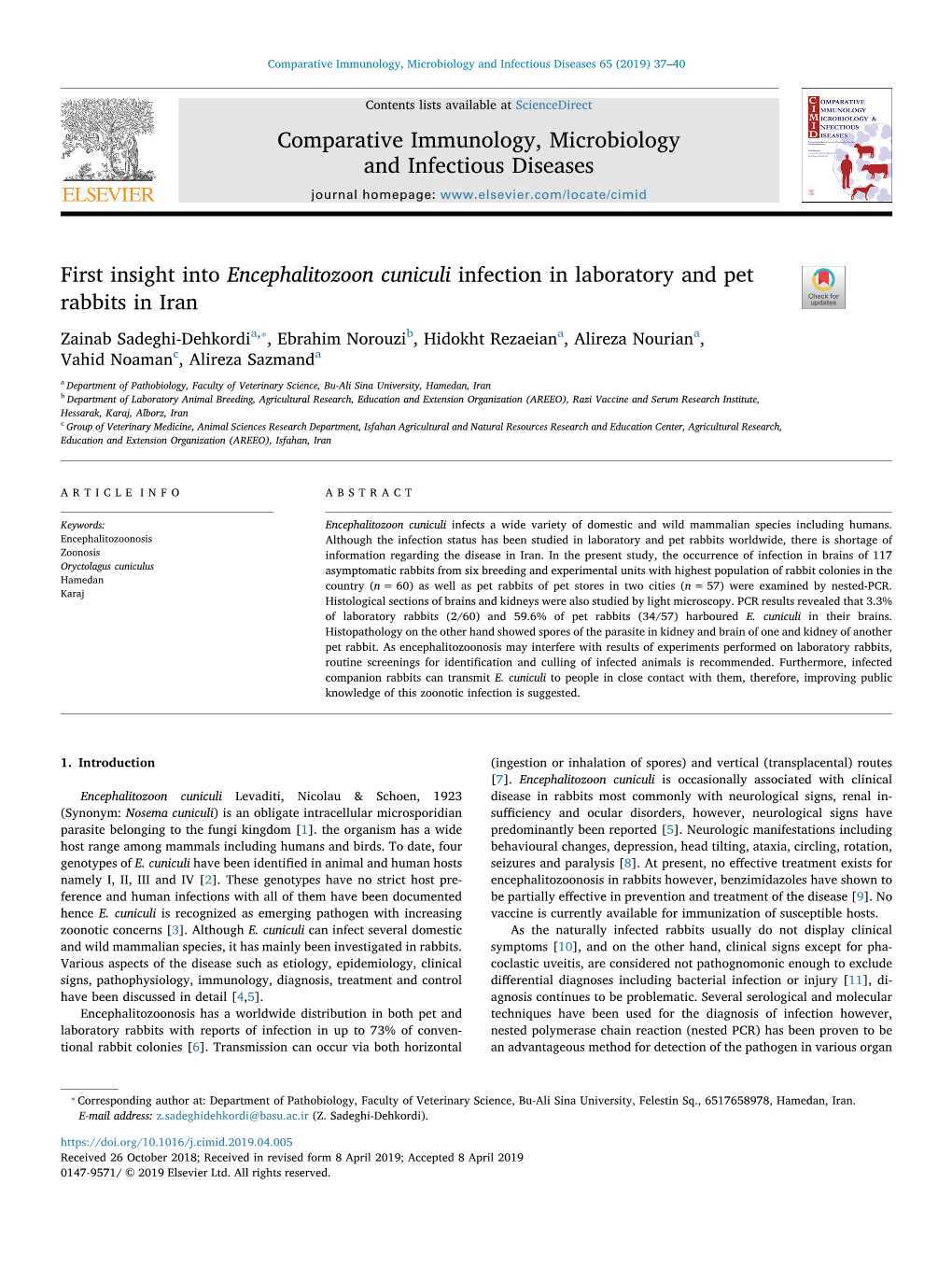 First Insight Into Encephalitozoon Cuniculi Infection in Laboratory And