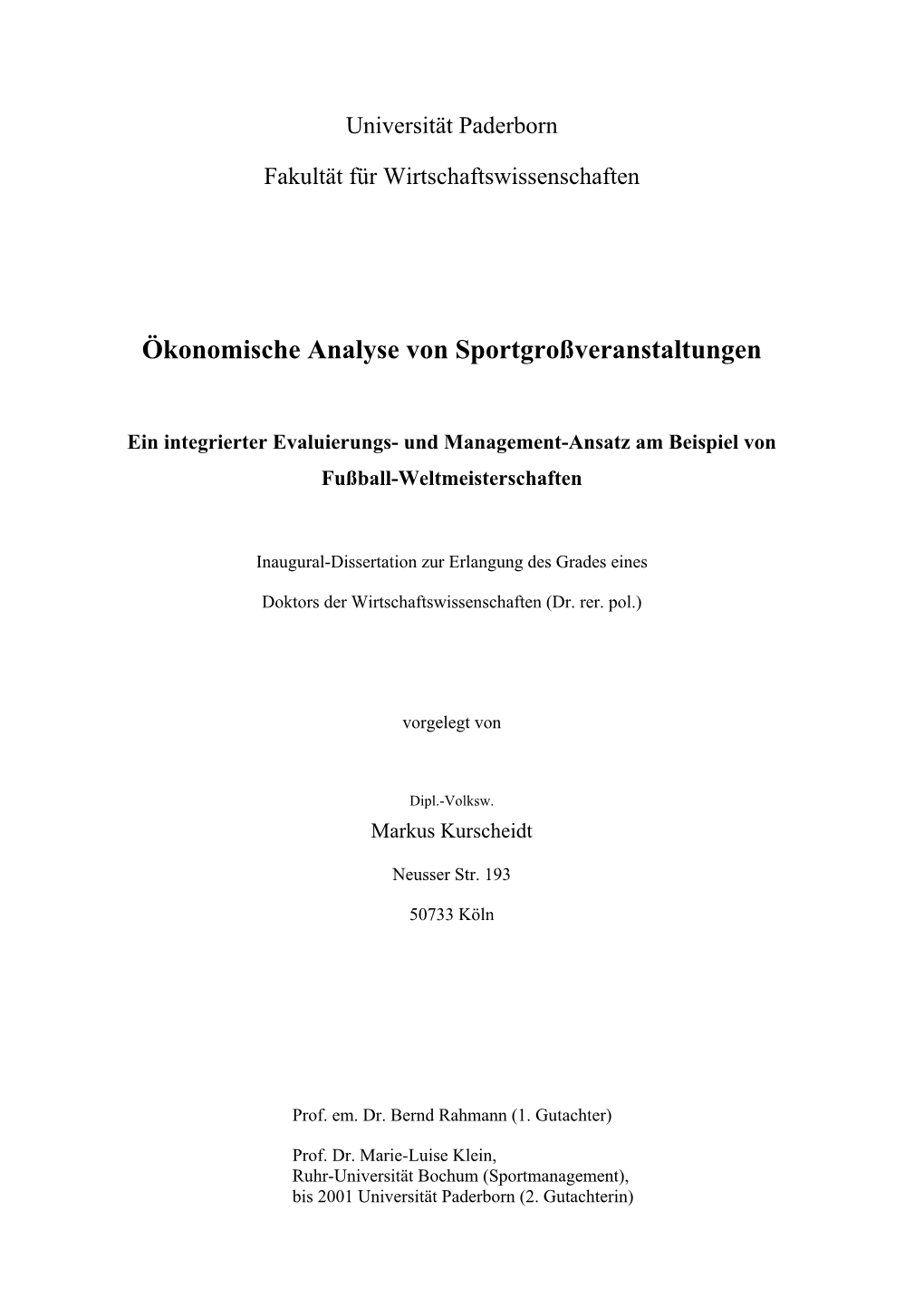 Ökonomische Analyse Von Sportgroßveranstaltungen