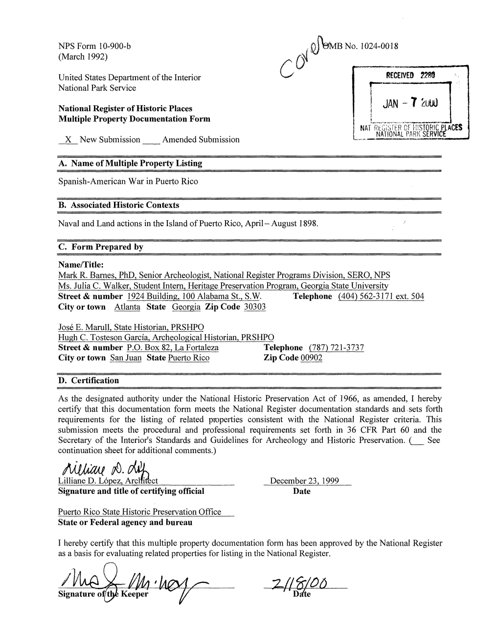 NFS Form 10-900-B , 01BMB No. 1024-0018 (March 1992) /^