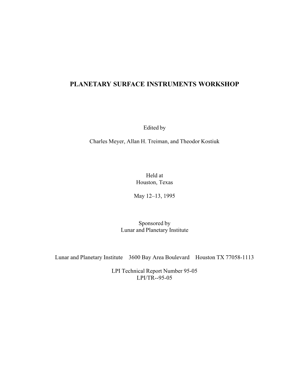 Planetary Surface Instrument Workshop Report (1995)