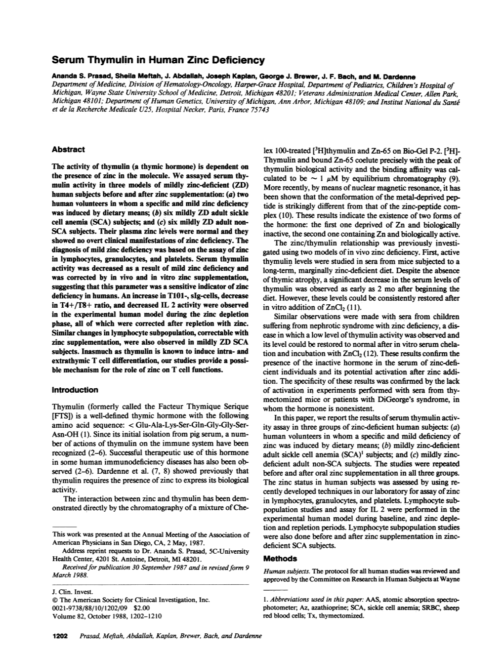 Serum Thymulinin Humanzinc Deficiency