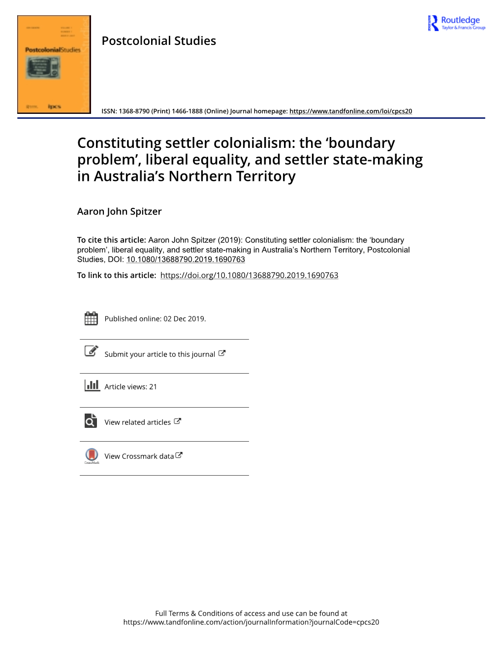 Constituting Settler Colonialism: the ‘Boundary Problem’, Liberal Equality, and Settler State-Making in Australia’S Northern Territory