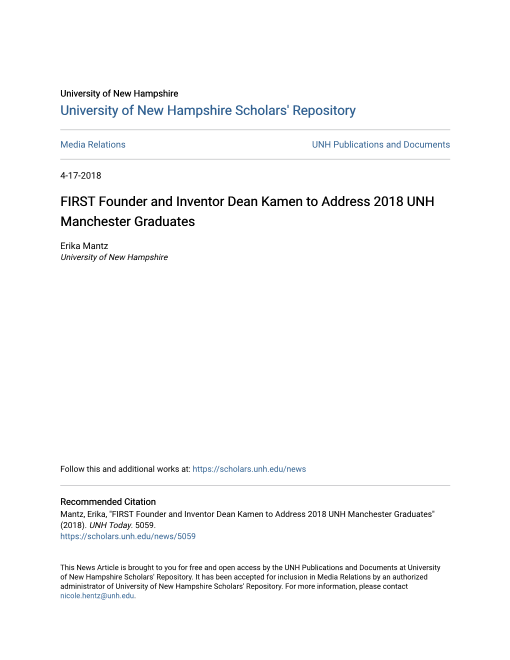 FIRST Founder and Inventor Dean Kamen to Address 2018 UNH Manchester Graduates