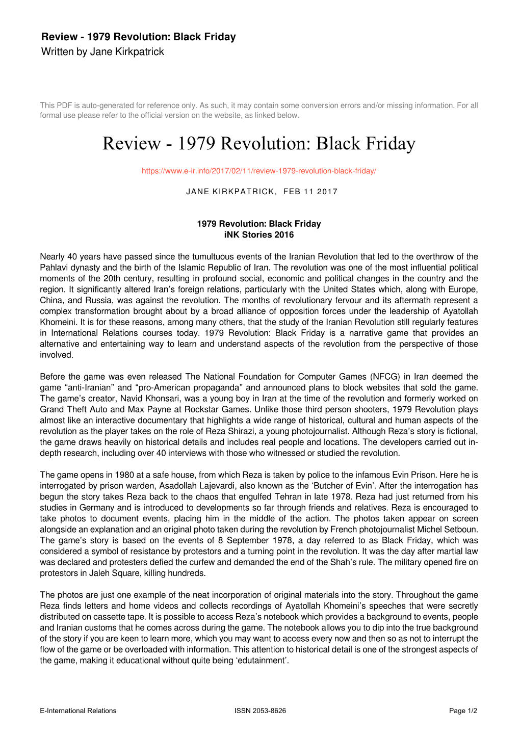 1979 Revolution: Black Friday Written by Jane Kirkpatrick