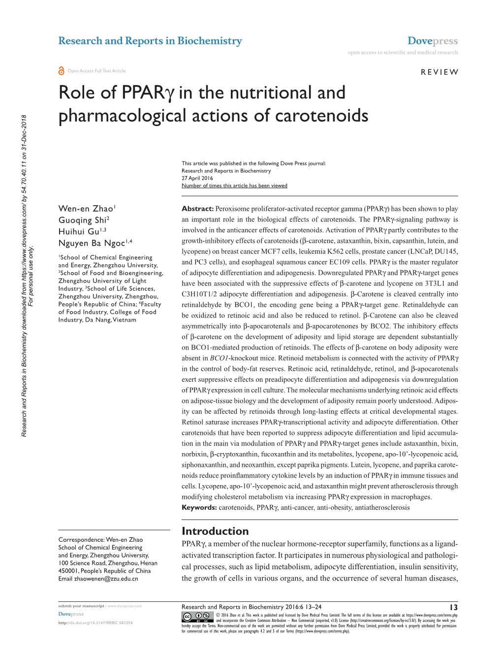 Role of Pparγ in the Nutritional and Pharmacological Actions of Carotenoids