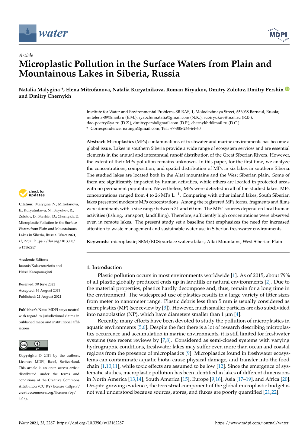 Microplastic Pollution in the Surface Waters from Plain and Mountainous Lakes in Siberia, Russia