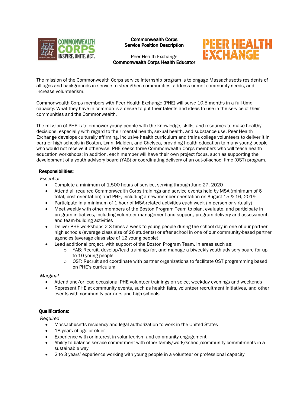 Commonwealth Corps Service Position Description Peer Health Exchange Commonwealth Corps Health Educator the Mission of the Commo