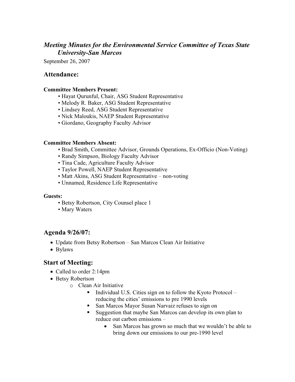 Meeting Minutes for the Environmental Service Fee Committee of Texas State University-San Marcos