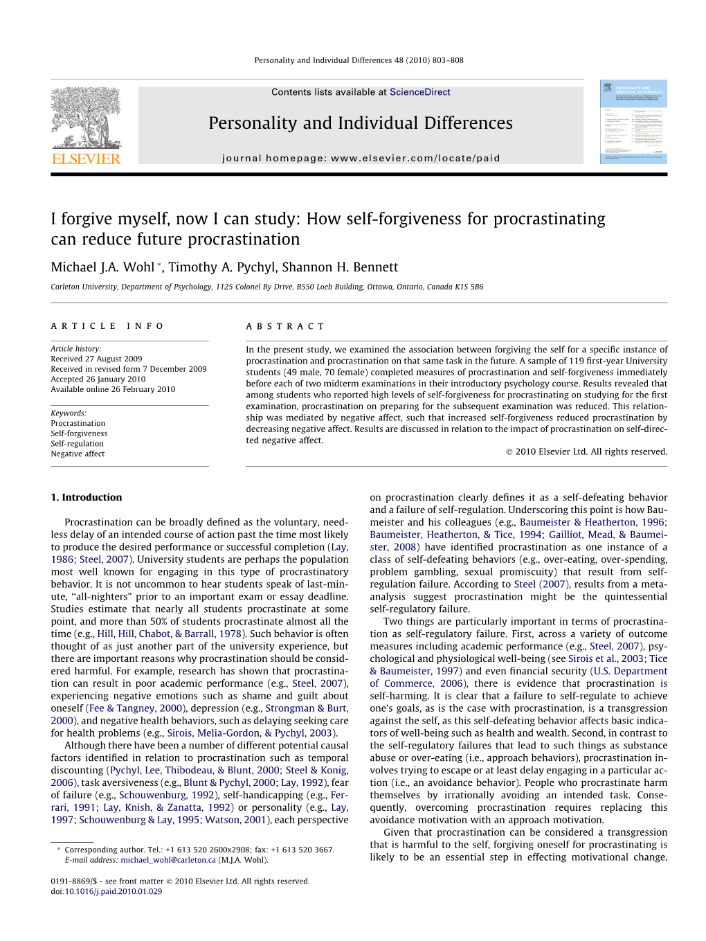 Procrastination and Self-Forgiveness Immediately Accepted 26 January 2010 Before Each of Two Midterm Examinations in Their Introductory Psychology Course