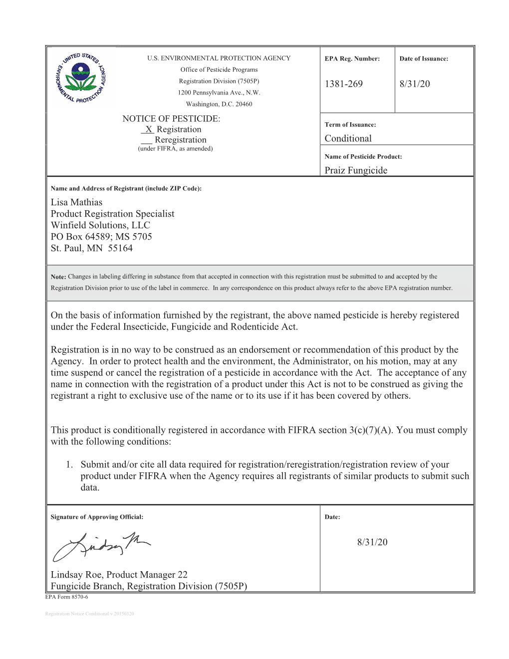 US EPA, Pesticide Product Label, Praiz Fungicide,08/31/2020