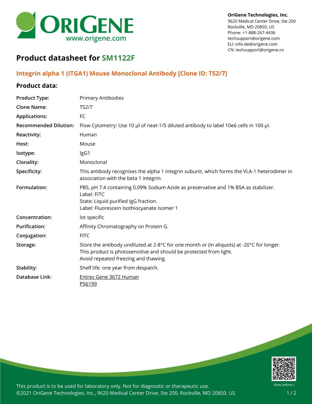 Integrin Alpha 1 (ITGA1) Mouse Monoclonal Antibody [Clone ID: TS2/7] Product Data