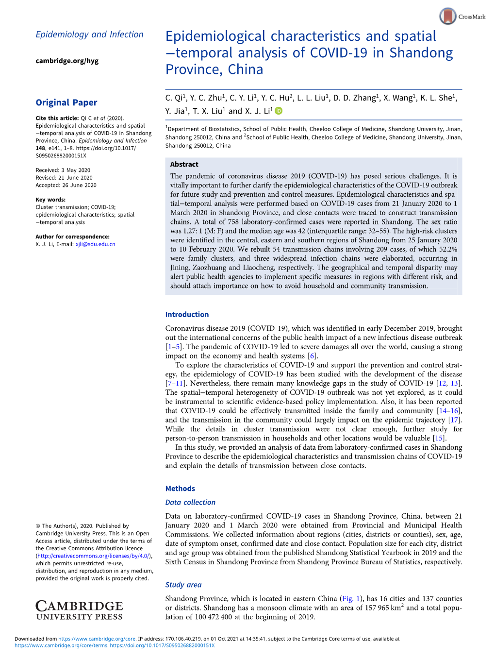 Temporal Analysis of COVID-19 in Shandong Province, China