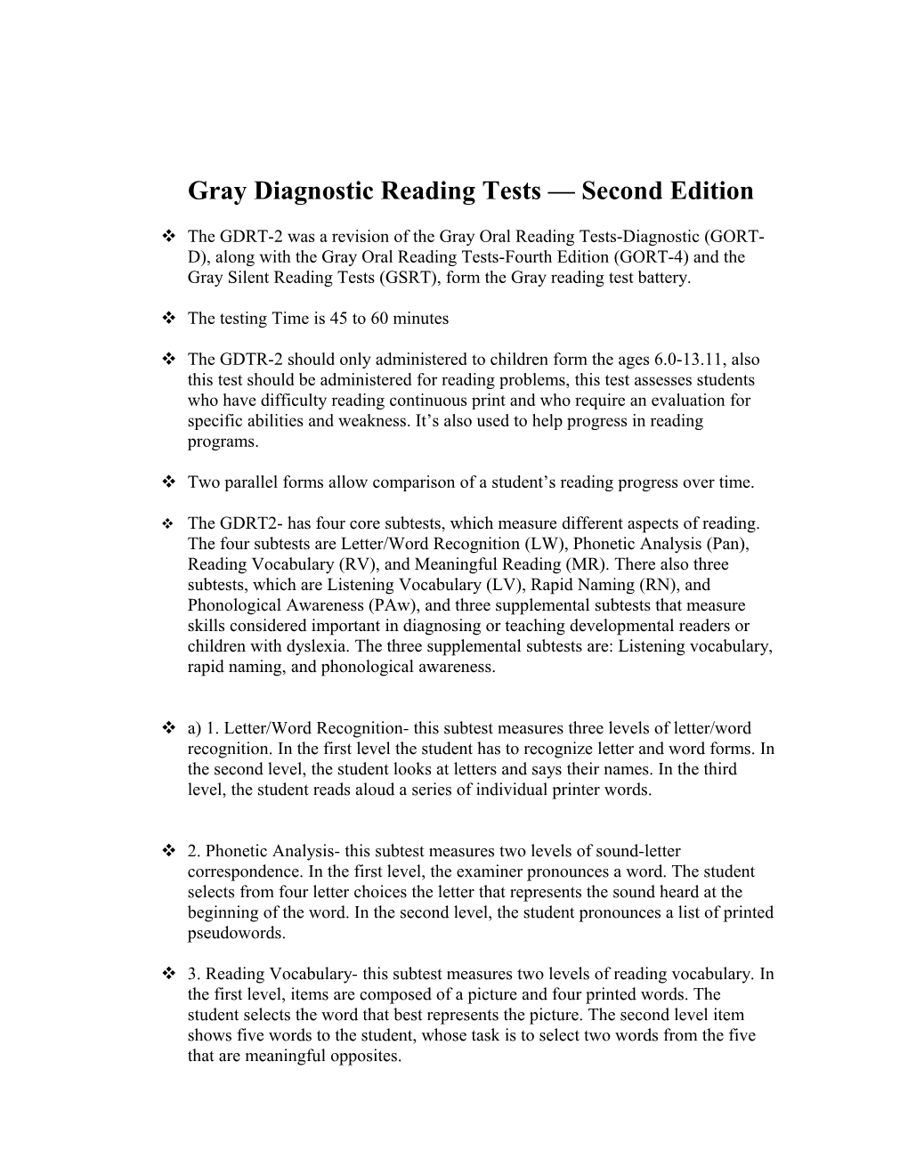 Gray Diagnostic Reading Tests Second Edition