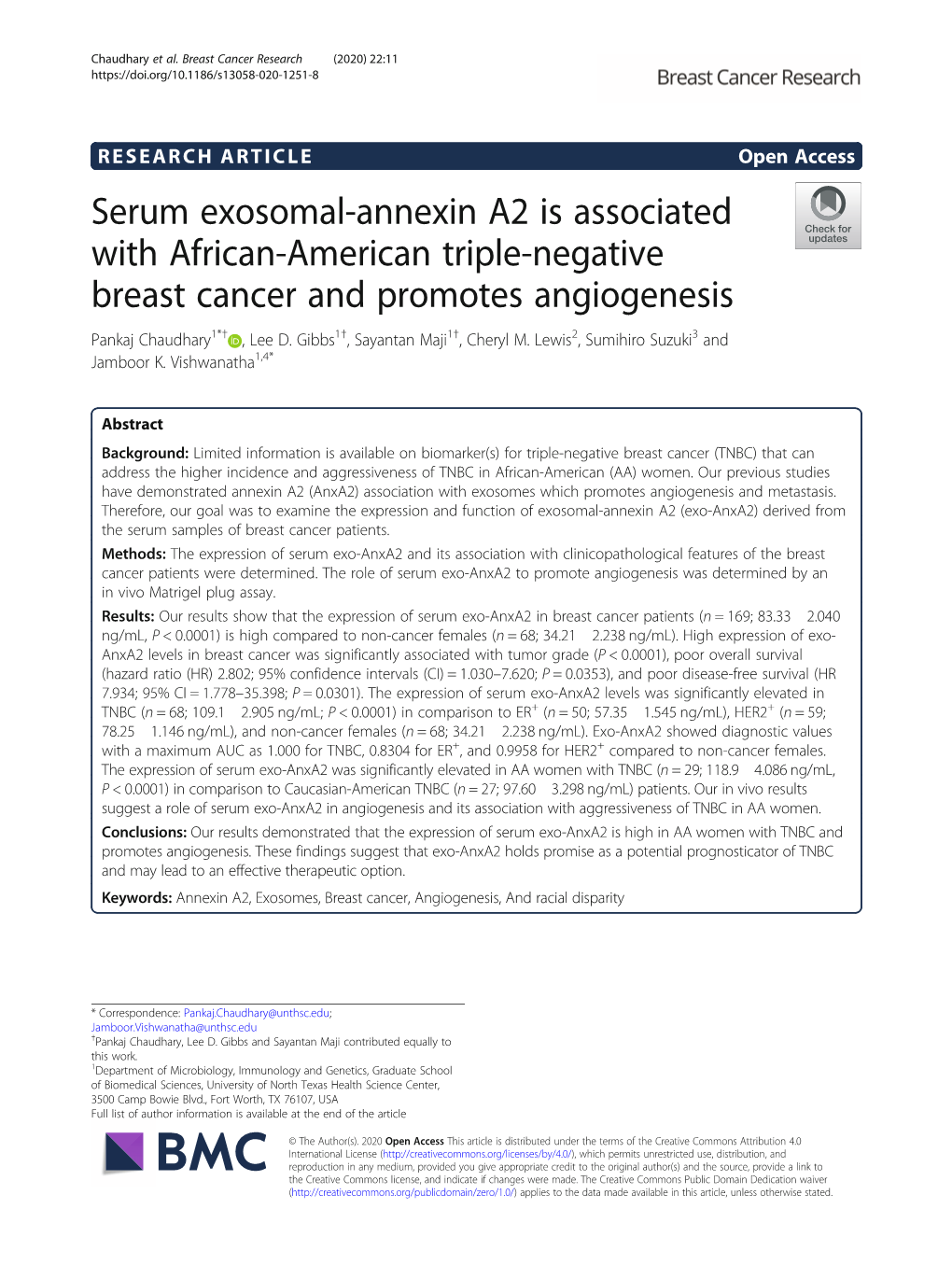 Serum Exosomal-Annexin A2 Is Associated with African-American Triple-Negative Breast Cancer and Promotes Angiogenesis Pankaj Chaudhary1*† , Lee D