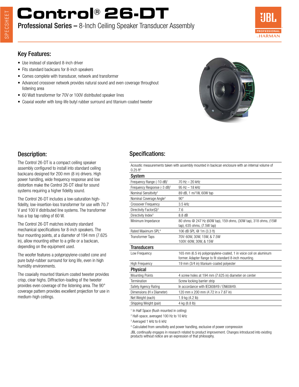 Control® 26-DT Professional Series – 8-Inch Ceiling Speaker Transducer Assembly SPECSHEET