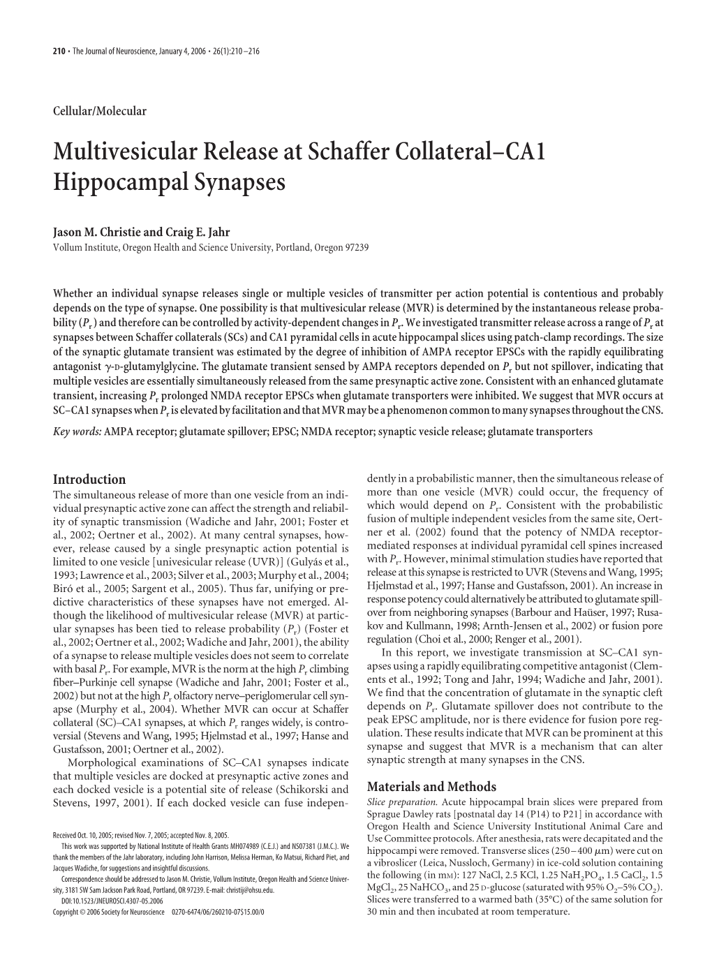 Multivesicular Release at Schaffer Collateral–CA1 Hippocampal Synapses