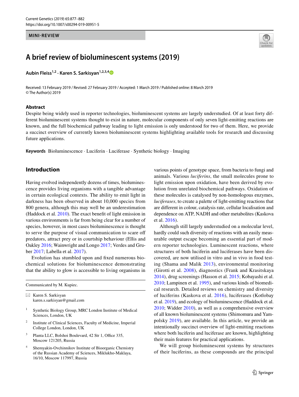 A Brief Review of Bioluminescent Systems (2019)