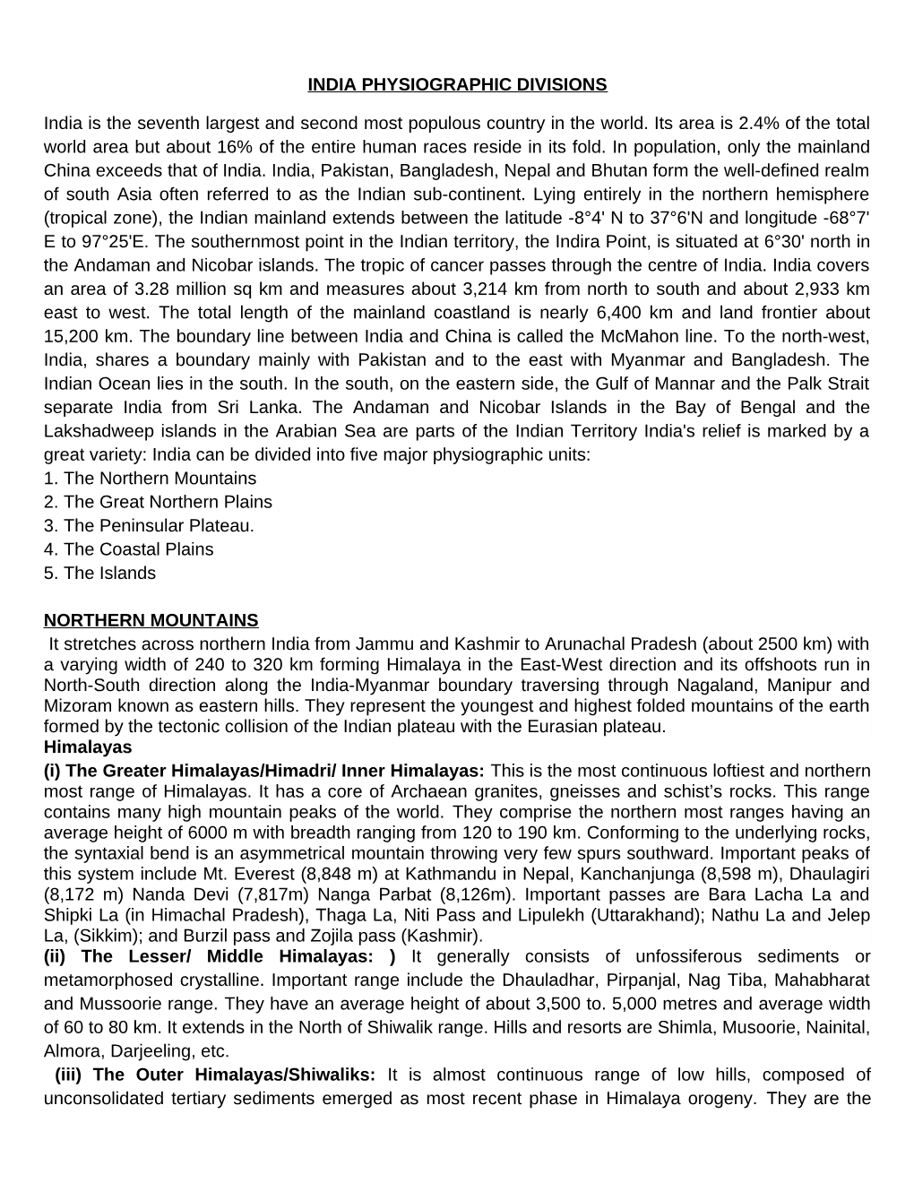 Physical Features, Climate and Drainage of India Hand Outs