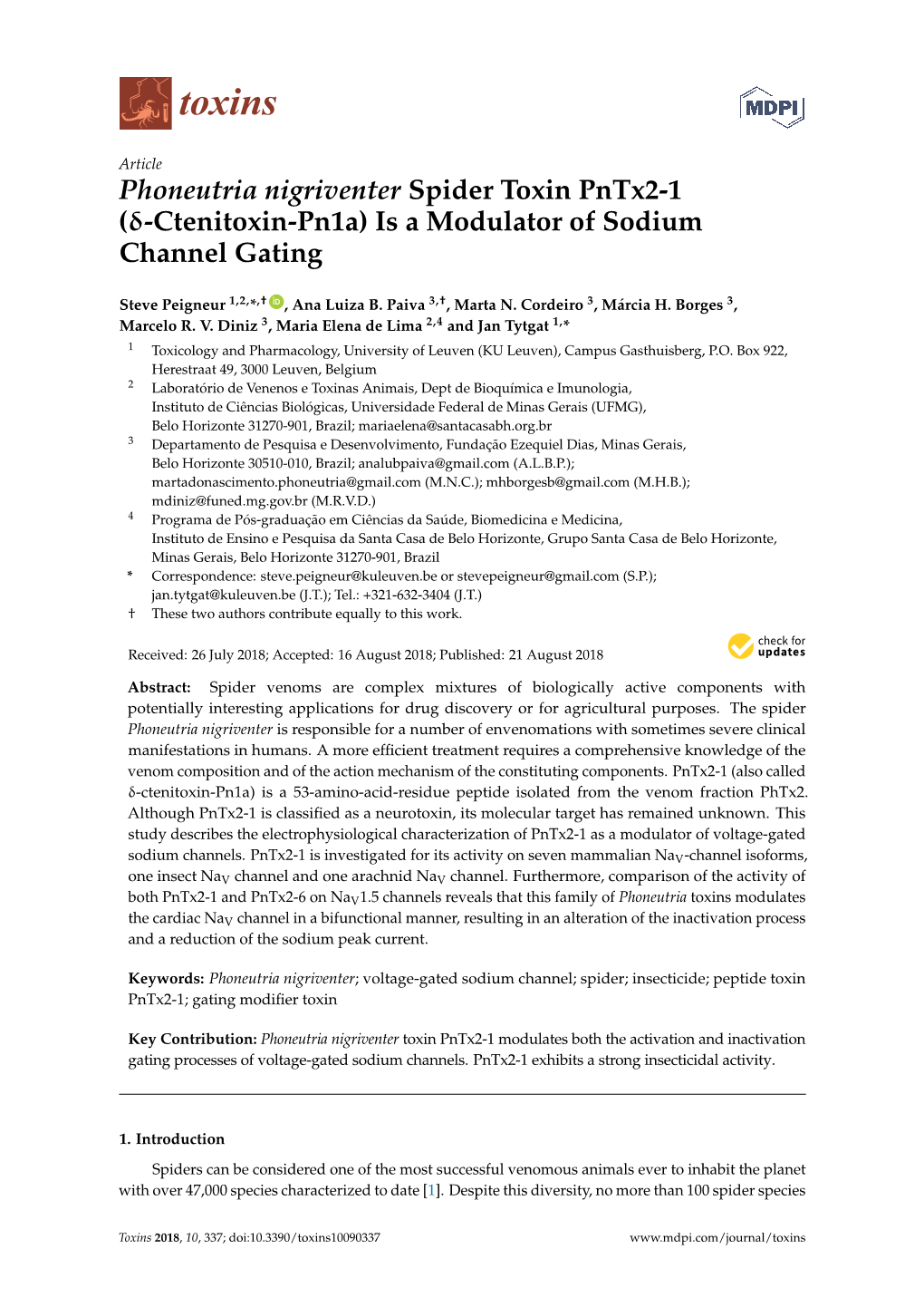 Phoneutria Nigriventer Spider Toxin Pntx2-1 (Δ-Ctenitoxin-Pn1a) Is a Modulator of Sodium Channel Gating