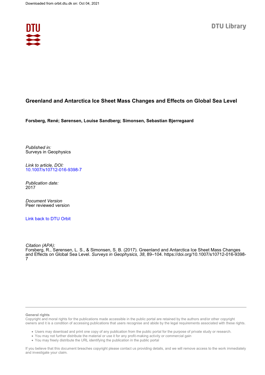 Greenland and Antarctica Ice Sheet Mass Changes and Effects on Global Sea Level