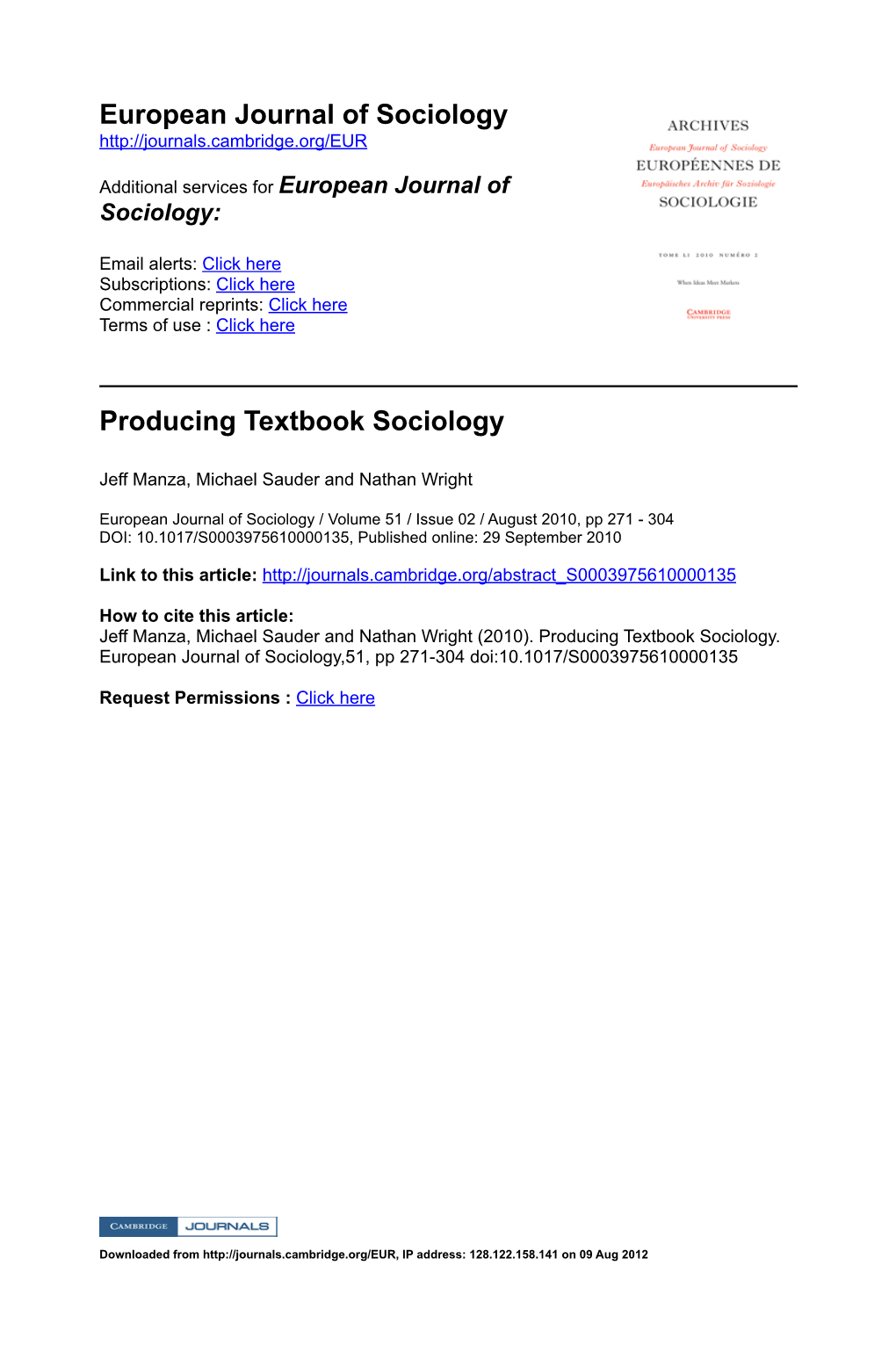 European Journal of Sociology Producing Textbook Sociology