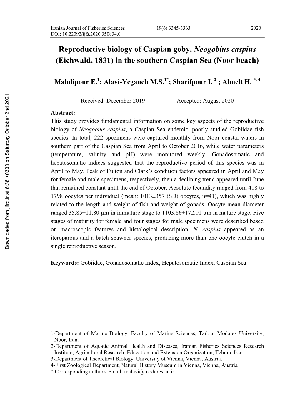 Reproductive Biology of Caspian Goby, Neogobius Caspius (Eichwald, 1831) in the Southern Caspian Sea (Noor Beach)