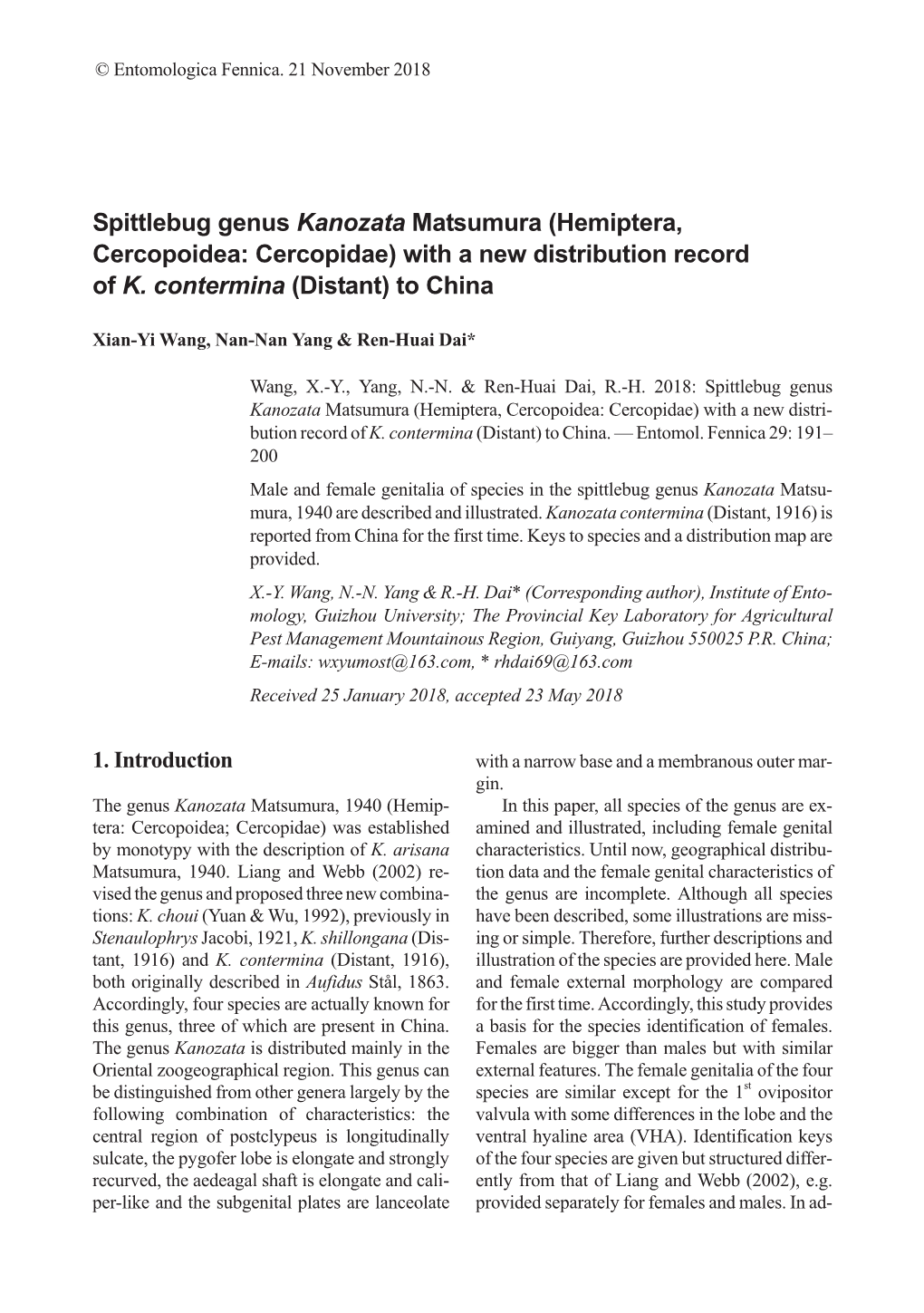 Hemiptera, Cercopoidea: Cercopidae) with a New Distribution Record of K