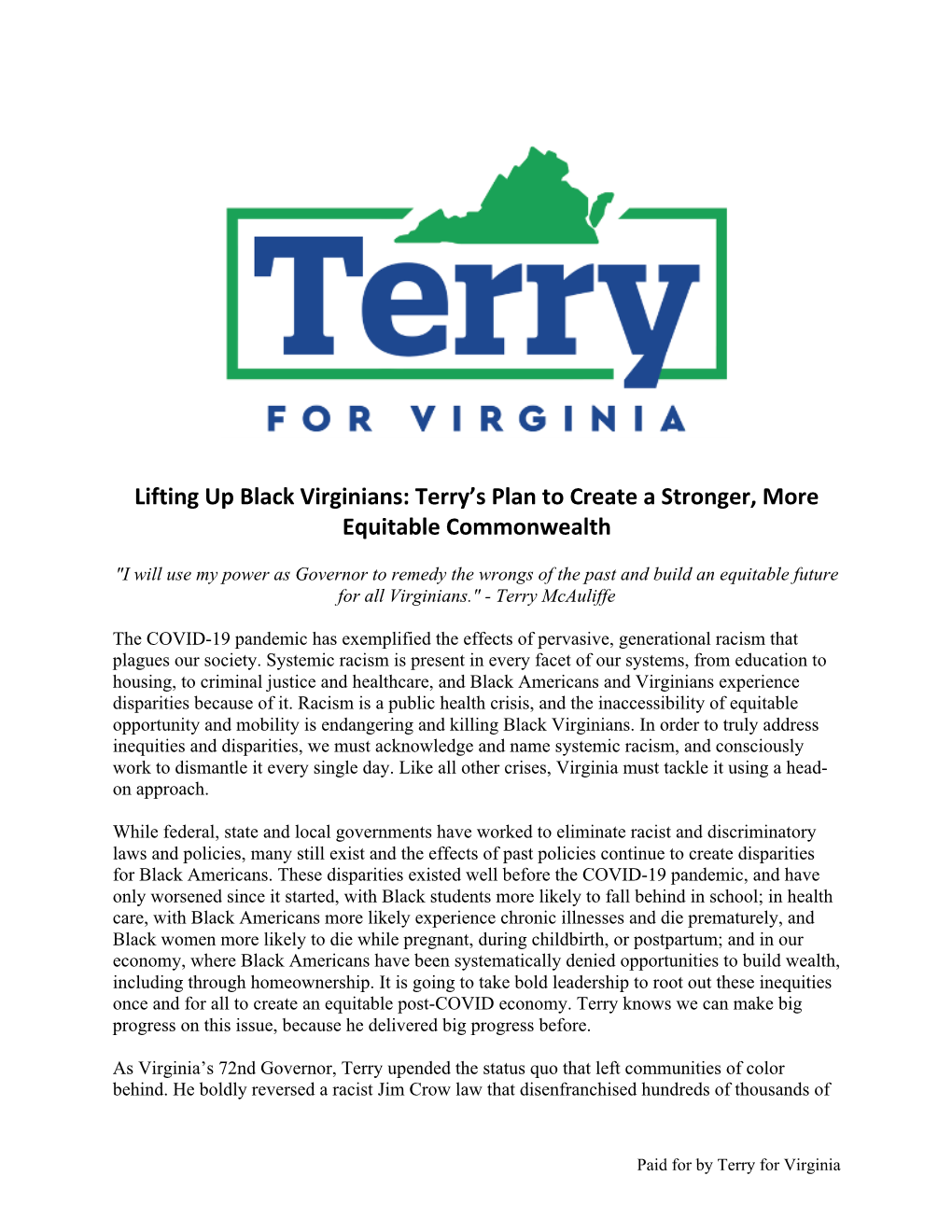 Lifting up Black Virginians: Terry's Plan to Create A