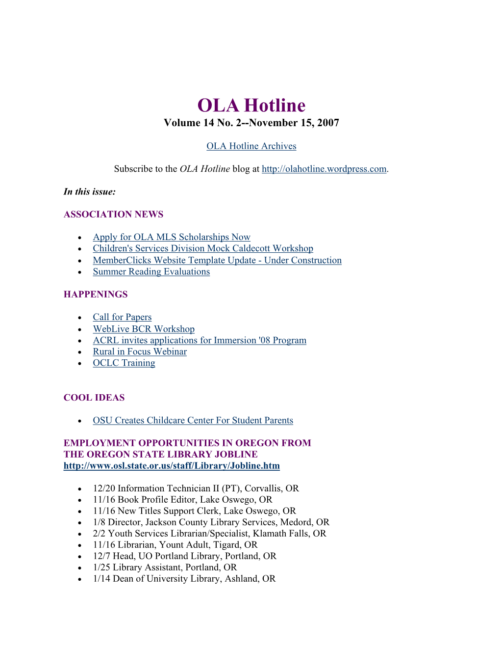 OLA Hotline, Vol.14 No.2