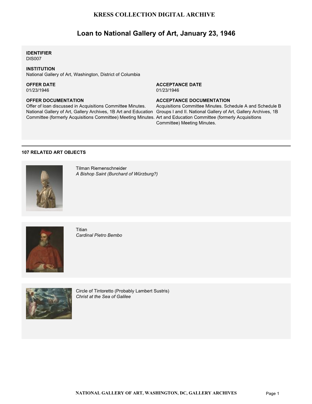 Summary for Loan to National Gallery Of