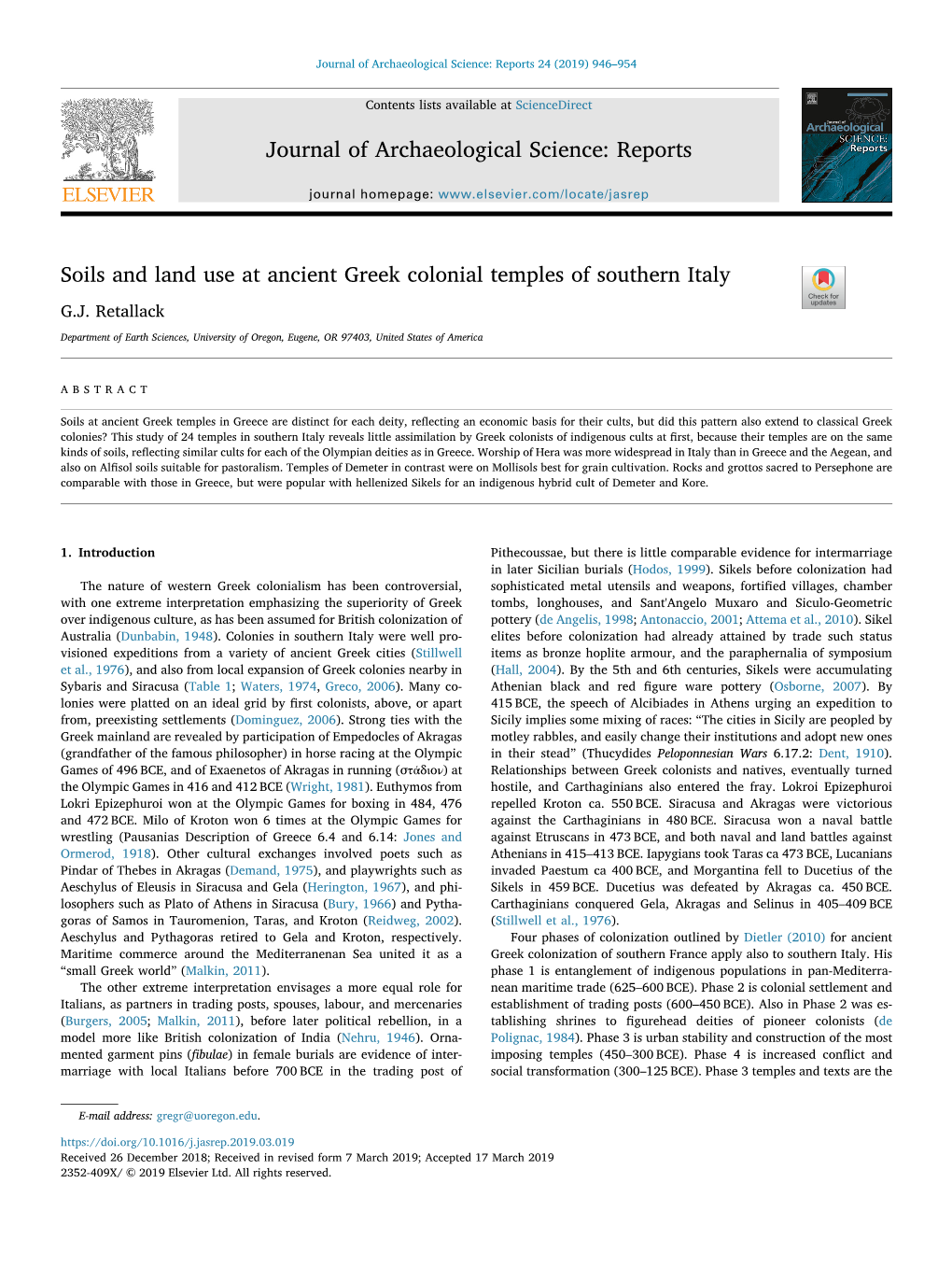 Soils and Land Use at Ancient Greek Colonial Temples of Southern Italy T G.J