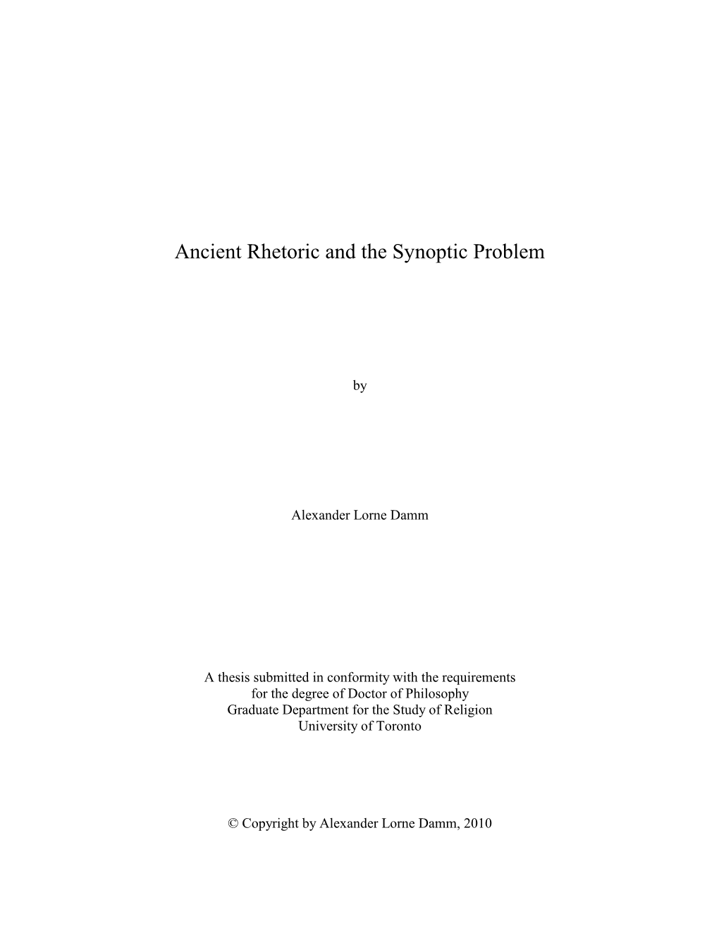 Ancient Rhetoric and the Synoptic Problem