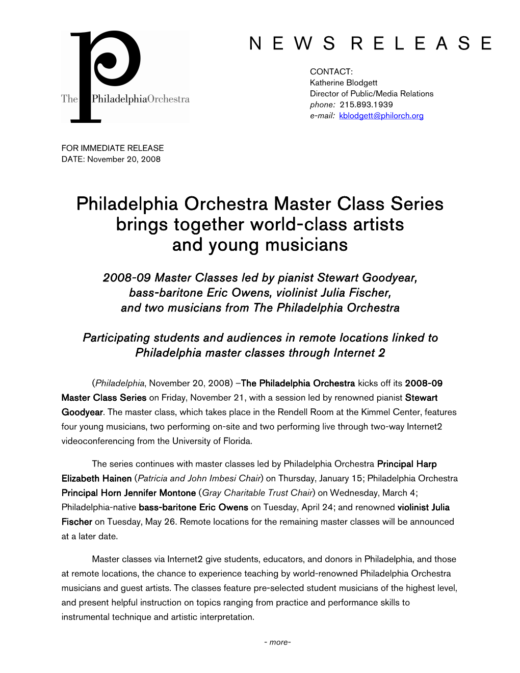 N E W S R E L E a S E Philadelphia Orchestra Master Class Series Adelphia Orchestra Master Class Series Brings Togeth