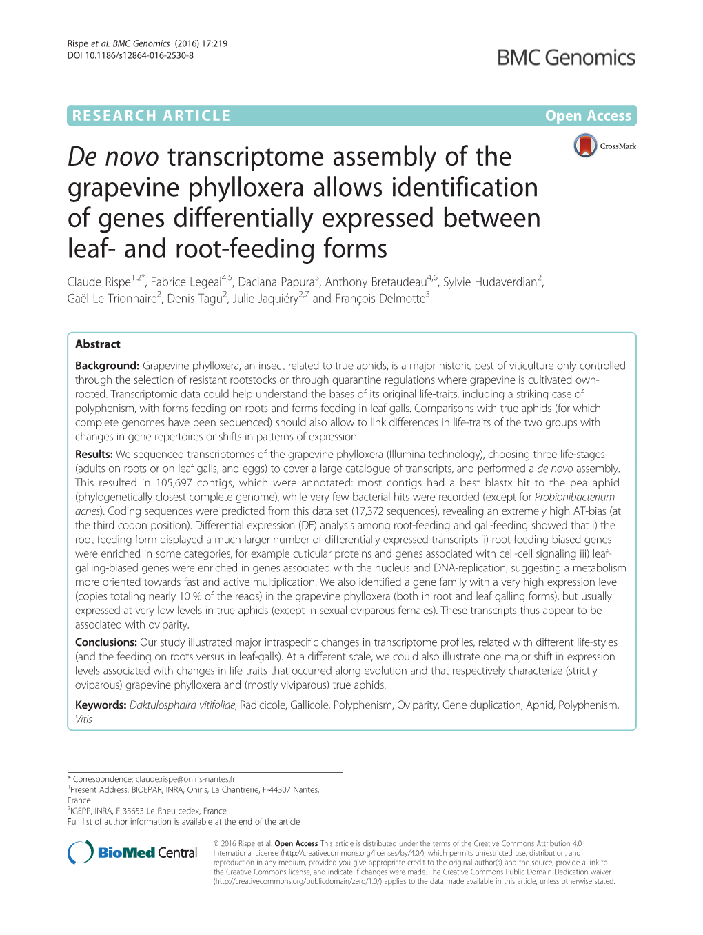 De Novo Transcriptome Assembly of the Grapevine Phylloxera Allows