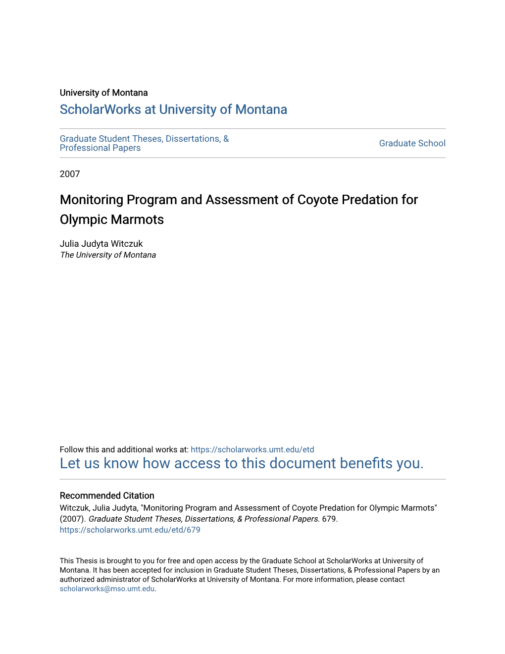 Monitoring Program and Assessment of Coyote Predation for Olympic Marmots