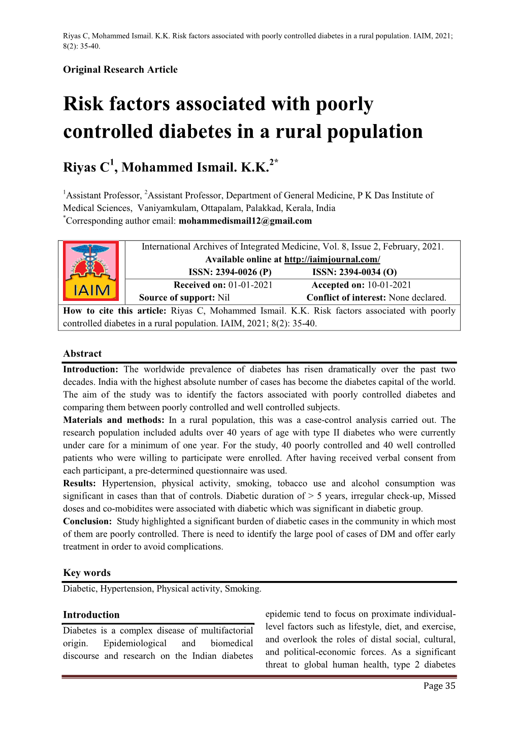 Risk Factors Associated with Poorly Controlled Diabetes in a Rural Population