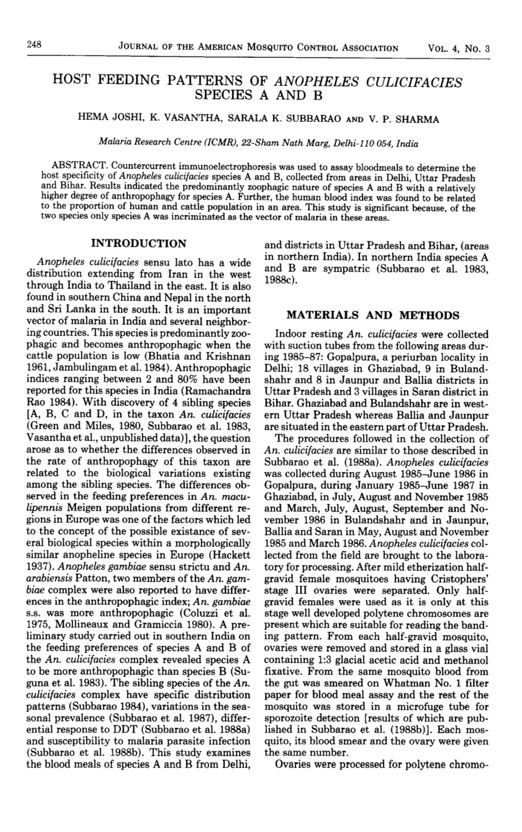 Host Feeding Patterns of Anopheles Culicifacies Speciesa and B