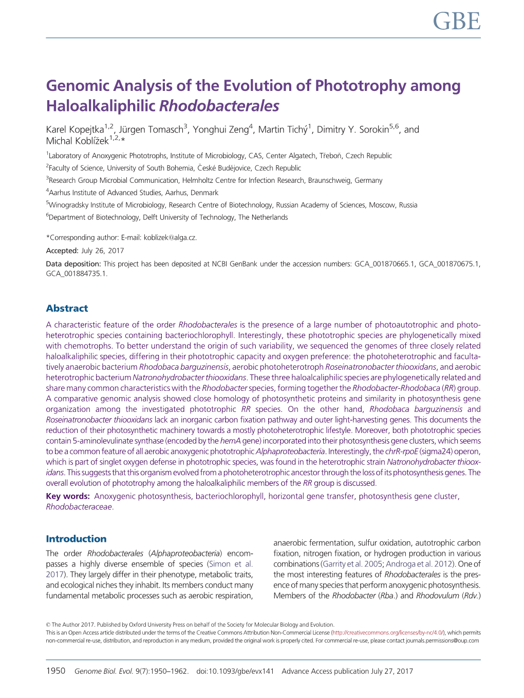 Genomic Analysis of the Evolution of Phototrophy Among Haloalkaliphilic Rhodobacterales