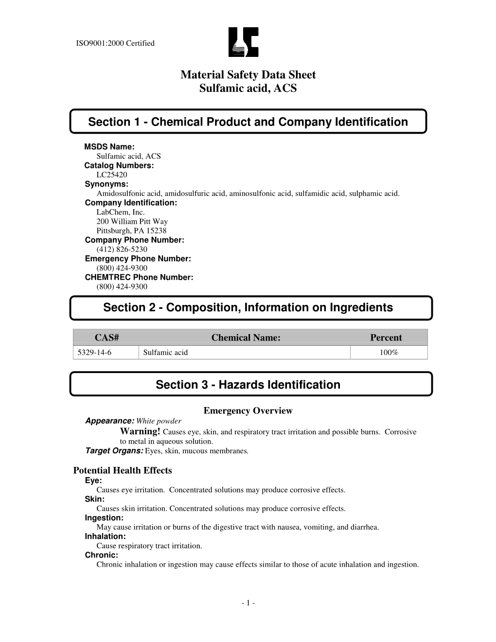 Material Safety Data Sheet Sulfamic Acid, ACS Section 1