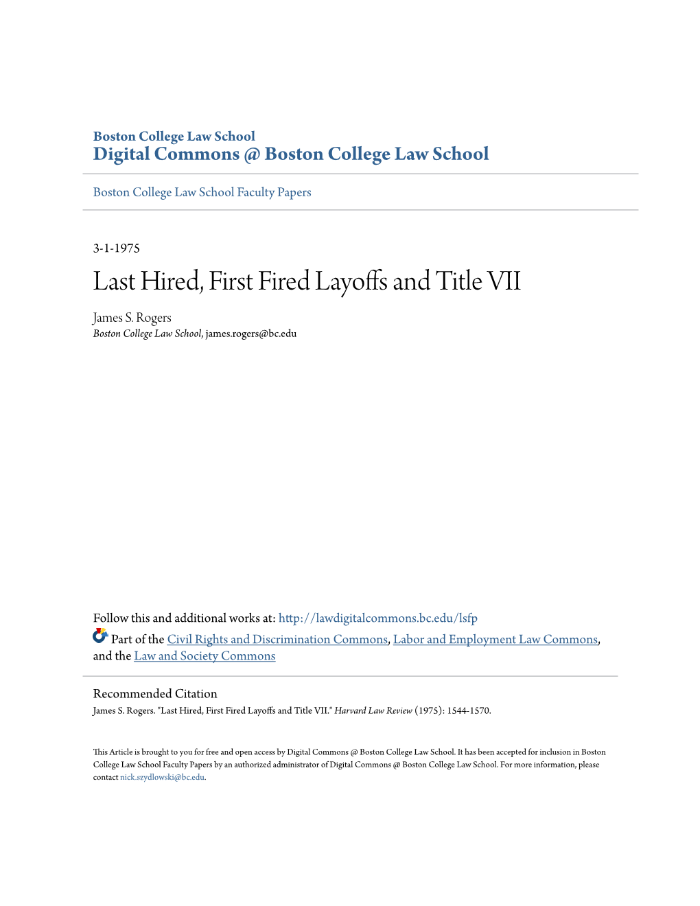 Last Hired, First Fired Layoffs and Title VII James S