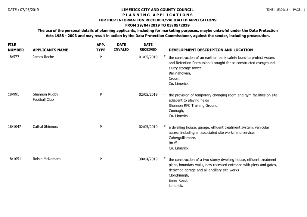 File Number Date : 07/05/2019 Limerick City and County Council P L a N N I N G a P P L I C a T I O N S Further Information