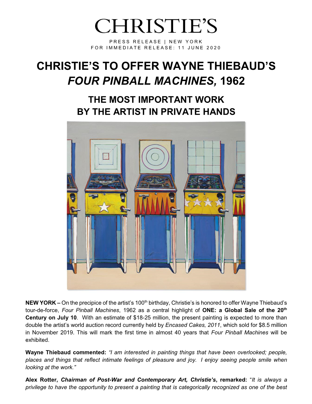 Christie's to Offer Wayne Thiebaud's Four Pinball