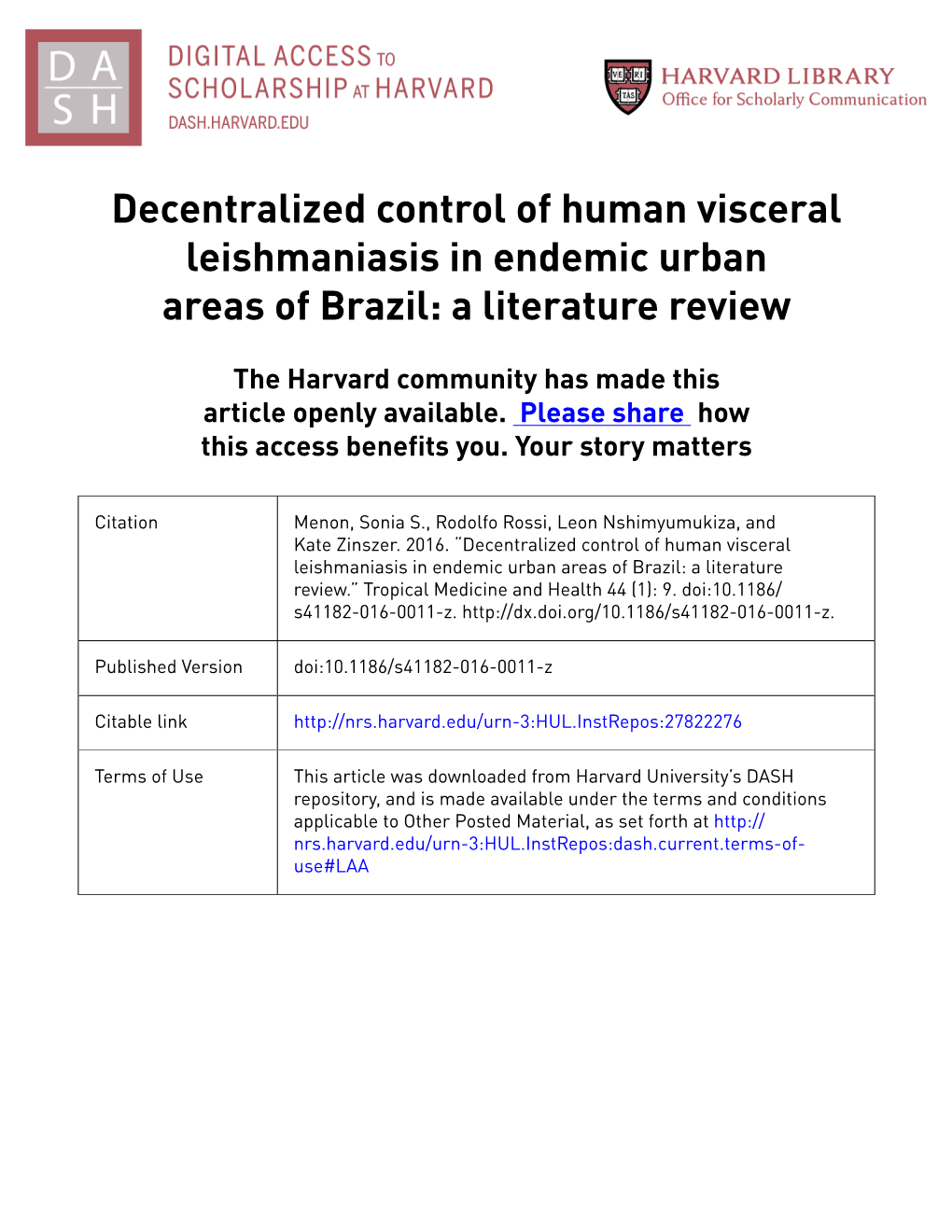 Decentralized Control of Human Visceral Leishmaniasis in Endemic Urban Areas of Brazil: a Literature Review