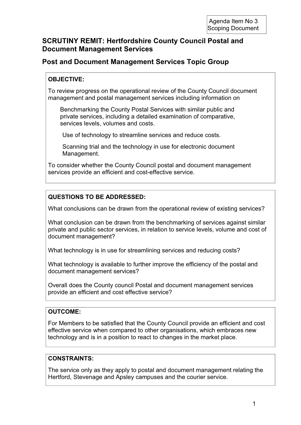 SCRUTINY REMIT: Hertfordshire County Council Postal and Document Management Services