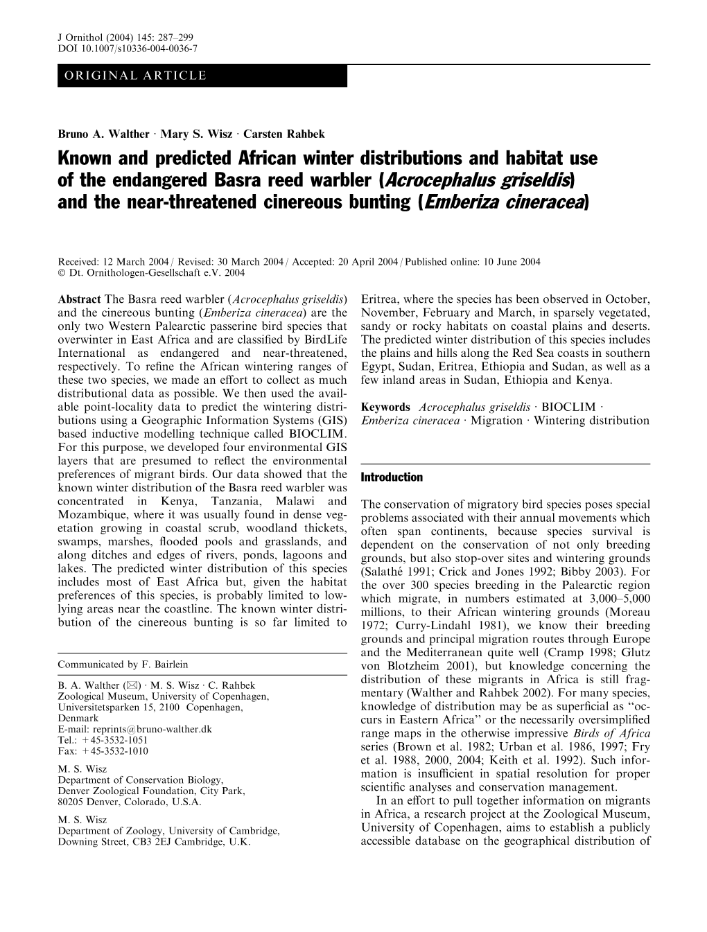 Known and Predicted African Winter Distributions and Habitat Use of The