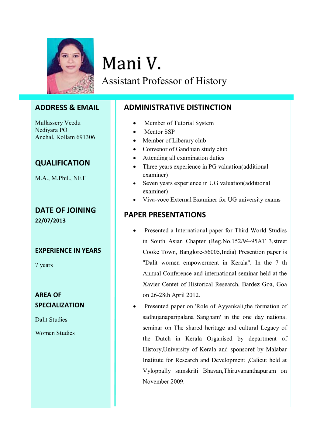 Mani V. Assistant Professor of History